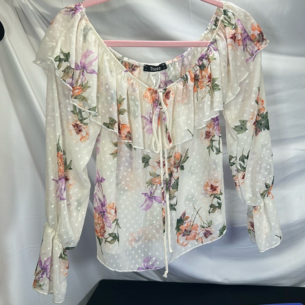 Toska Floral On/Off Shoulder Ruffle Slightly Sheer Long Slv Festivals Boho S
